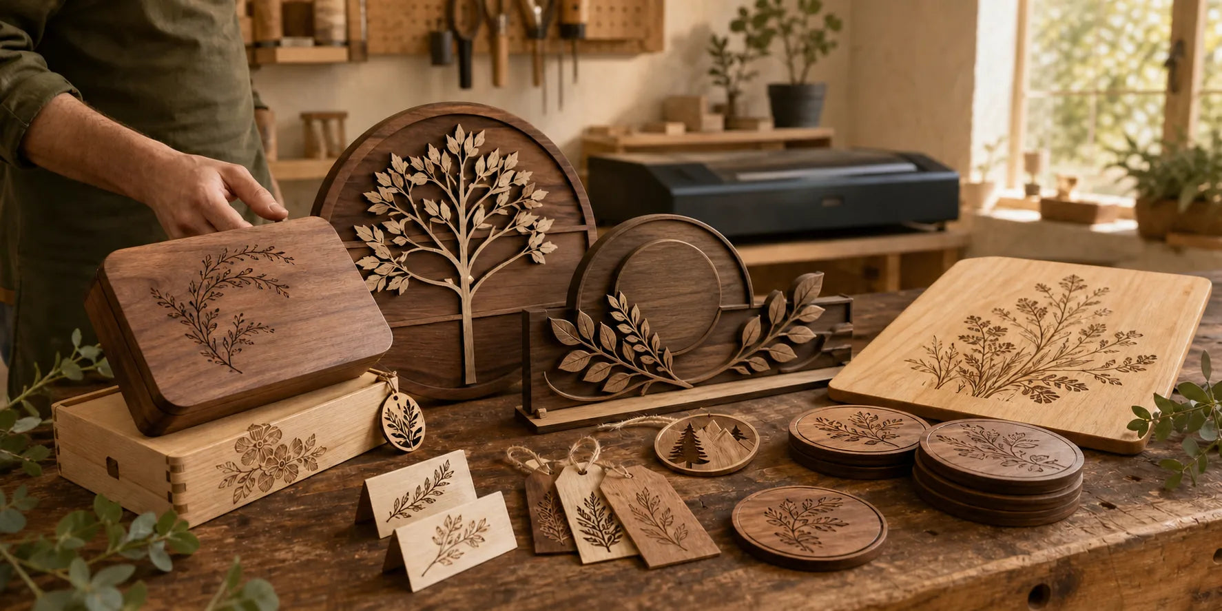 Layered wood laser projects displayed on a studio table