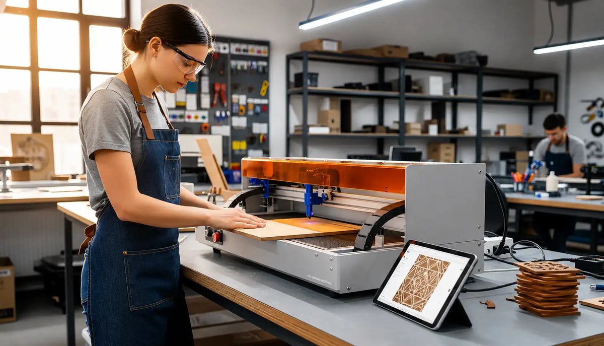 Maker operating a desktop laser engraver in a workshop