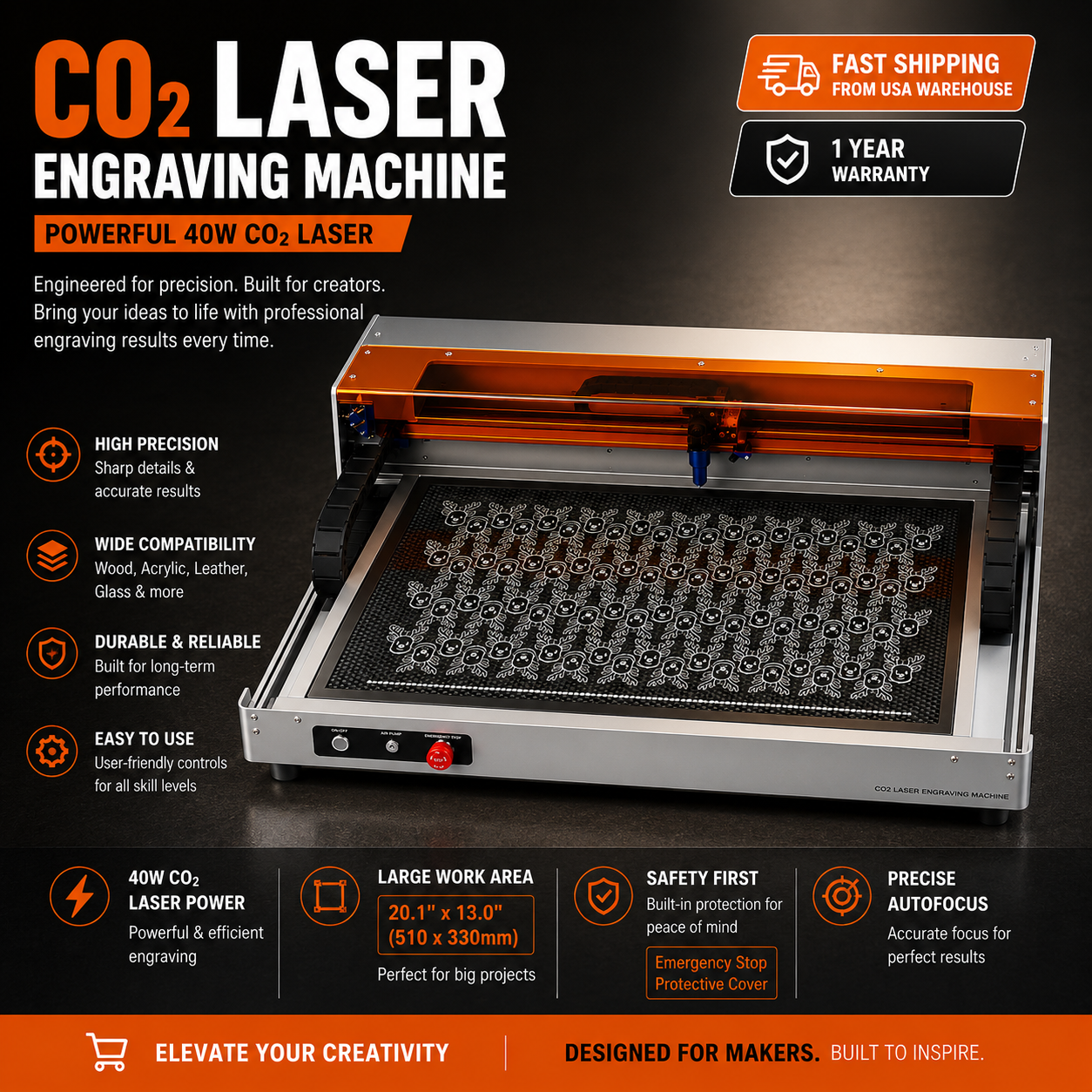 Carverall C1 40W CO2 Laser Engraving Machine | Work Area 620x350mm