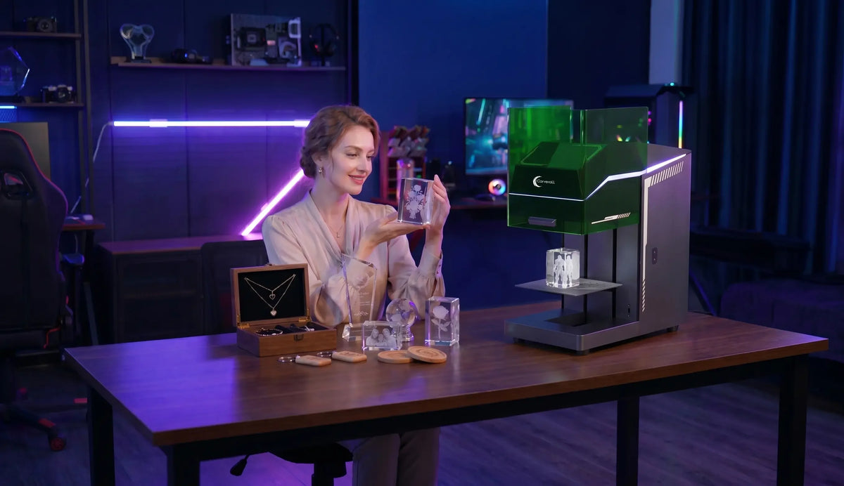 Maker filming a laser engraving demonstration in a studio